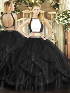 Discount Floor Length Black Quinceanera Gown Halter Top Sleeveless Backless
