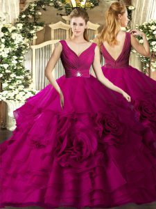 Fuchsia Organza Backless Sweet 16 Dresses Sleeveless Floor Length Beading and Ruffles