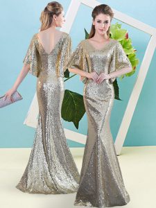 Cheap Silver Half Sleeves Sequined Zipper Prom Dresses for Prom and Party