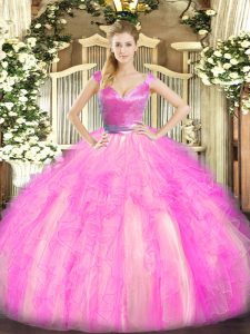 Customized Rose Pink Tulle Zipper 15 Quinceanera Dress Sleeveless Floor Length Beading and Ruffles