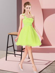 Charming Mini Length Zipper Homecoming Dress Yellow Green for Prom and Party with Beading and Hand Made Flower