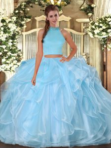 Clearance Sleeveless Floor Length Beading and Ruffles Backless Sweet 16 Quinceanera Dress with Light Blue