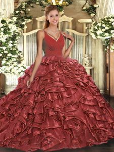 Sophisticated Rust Red Organza Backless Quinceanera Dresses Sleeveless Sweep Train Ruffles