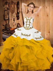 Fantastic Yellow And White Ball Gowns Embroidery and Ruffles Ball Gown Prom Dress Lace Up Satin and Organza Sleeveless Floor Length
