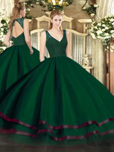 Adorable Dark Green Sleeveless Floor Length Beading and Lace and Ruffled Layers Backless Quinceanera Dresses