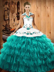 Glamorous Turquoise Ball Gowns Organza Halter Top Sleeveless Embroidery and Ruffled Layers Floor Length Lace Up 15th Birthday Dress