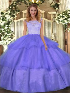 Floor Length Clasp Handle 15th Birthday Dress Lavender for Military Ball and Sweet 16 and Quinceanera with Lace and Ruffled Layers