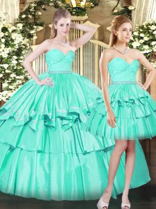 Floor Length Lace Up Ball Gown Prom Dress Aqua Blue for Military Ball and Sweet 16 and Quinceanera with Ruching