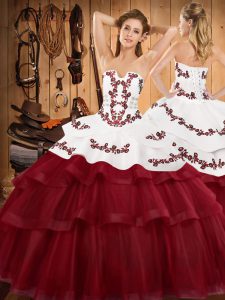 Admirable Lace Up 15th Birthday Dress Wine Red for Military Ball and Sweet 16 and Quinceanera with Embroidery and Ruffled Layers Sweep Train