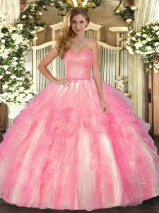 Decent Floor Length Lace Up Quinceanera Dress Rose Pink for Military Ball and Sweet 16 and Quinceanera with Ruffles