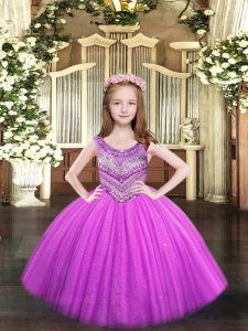 Lilac Ball Gowns Tulle Scoop Sleeveless Beading Floor Length Lace Up Pageant Gowns