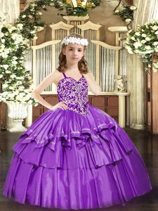 Low Price Lilac Straps Lace Up Beading and Ruffled Layers Little Girls Pageant Dress Sleeveless