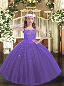 Purple Ball Gowns Tulle Straps Sleeveless Beading Floor Length Lace Up Winning Pageant Gowns