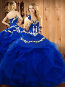 Luxurious Blue Sweetheart Neckline Embroidery and Ruffles Quinceanera Dress Sleeveless Lace Up