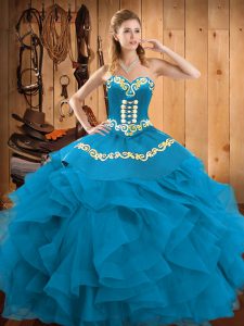 Free and Easy Teal Lace Up Sweetheart Embroidery and Ruffles Ball Gown Prom Dress Satin and Organza Sleeveless