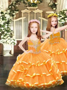 Sleeveless Organza Floor Length Lace Up Kids Pageant Dress in Orange with Beading and Ruffled Layers