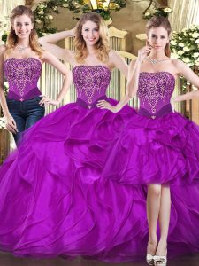 Inexpensive Fuchsia Ball Gowns Tulle Strapless Sleeveless Beading and Ruffles Floor Length Lace Up Quinceanera Gowns