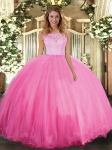 Tulle Scoop Sleeveless Clasp Handle Lace Quince Ball Gowns in Rose Pink