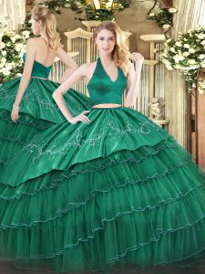 Embroidery and Ruffled Layers 15 Quinceanera Dress Dark Green Zipper Sleeveless Floor Length