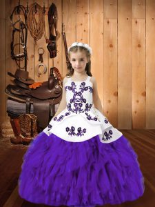 Eggplant Purple Ball Gowns Organza Straps Sleeveless Embroidery and Ruffles Floor Length Lace Up Little Girls Pageant Dress Wholesale