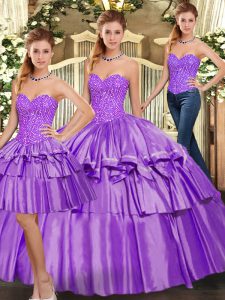 High Quality Eggplant Purple Three Pieces Beading and Ruffled Layers Quinceanera Dresses Lace Up Organza Sleeveless Floor Length
