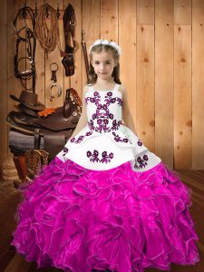 Low Price Embroidery and Ruffles Little Girls Pageant Dress Fuchsia Lace Up Sleeveless Floor Length