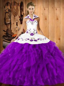 Eggplant Purple Sweet 16 Dress Military Ball and Sweet 16 and Quinceanera with Embroidery and Ruffles Halter Top Sleeveless Lace Up