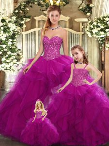Sleeveless Organza Floor Length Lace Up Sweet 16 Quinceanera Dress in Fuchsia with Beading and Ruffles