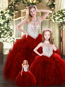 Dramatic Wine Red Ball Gowns Scoop Sleeveless Tulle Floor Length Lace Up Beading and Ruffles Sweet 16 Dress
