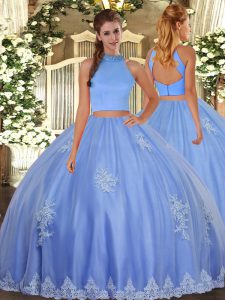 Baby Blue Backless Sweet 16 Quinceanera Dress Beading and Appliques Sleeveless Floor Length