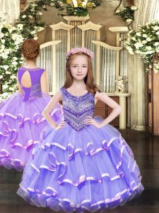 Scoop Sleeveless Glitz Pageant Dress Floor Length Beading and Ruffled Layers Lavender Organza