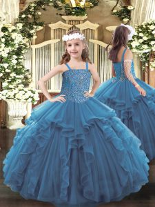 Teal Straps Lace Up Beading and Ruffles Little Girls Pageant Gowns Sleeveless
