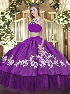 Purple Sleeveless Floor Length Beading and Appliques and Ruffles Backless Quinceanera Dress