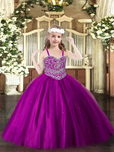 Hot Selling Sleeveless Tulle Floor Length Lace Up Pageant Gowns For Girls in Fuchsia with Beading