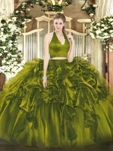 Olive Green Two Pieces Ruffles Quinceanera Gowns Zipper Organza Sleeveless Floor Length