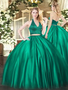 Dark Green Satin Zipper Halter Top Sleeveless Floor Length Quinceanera Dresses Ruching