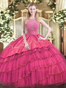 Sweet Beading and Embroidery and Ruffled Layers Quinceanera Gowns Hot Pink Zipper Sleeveless Floor Length
