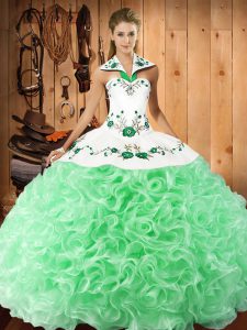 Latest Halter Top Sleeveless Lace Up Quince Ball Gowns Apple Green Fabric With Rolling Flowers