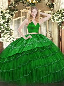 Wonderful Sleeveless Floor Length Embroidery Zipper 15th Birthday Dress with Green