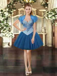 Beading Prom Gown Royal Blue Lace Up Sleeveless Mini Length