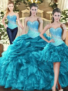 Admirable Teal Ball Gowns Tulle Sweetheart Sleeveless Beading and Ruffles Floor Length Lace Up Ball Gown Prom Dress