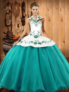 Spectacular Turquoise Sleeveless Floor Length Embroidery Lace Up Sweet 16 Dress