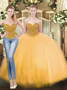 Cheap Gold Sweetheart Lace Up Beading Quinceanera Dress Sleeveless