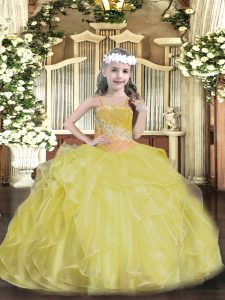 Gold Lace Up Custom Made Pageant Dress Beading and Ruffles Sleeveless Floor Length