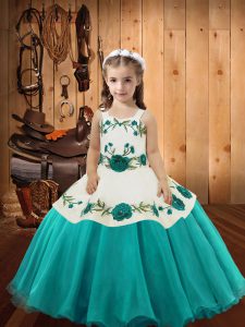 Beautiful Organza Straps Sleeveless Lace Up Embroidery Little Girls Pageant Dress Wholesale in Aqua Blue