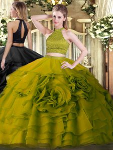 Olive Green Ball Gown Prom Dress Military Ball and Sweet 16 and Quinceanera with Beading and Ruffles Halter Top Sleeveless Backless