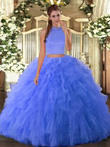 Gorgeous Two Pieces Quinceanera Dress Blue Halter Top Tulle Sleeveless Floor Length Backless