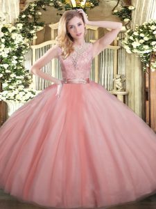 High Class Sleeveless Tulle Floor Length Backless Quince Ball Gowns in Baby Pink with Lace