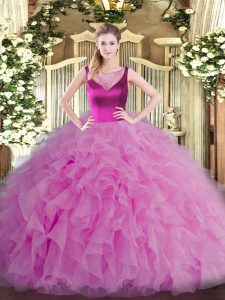 Lilac Scoop Neckline Beading and Ruffles Quinceanera Gowns Sleeveless Side Zipper