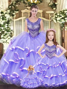 Lilac Ball Gowns Beading and Ruffled Layers 15 Quinceanera Dress Lace Up Tulle Sleeveless Floor Length
